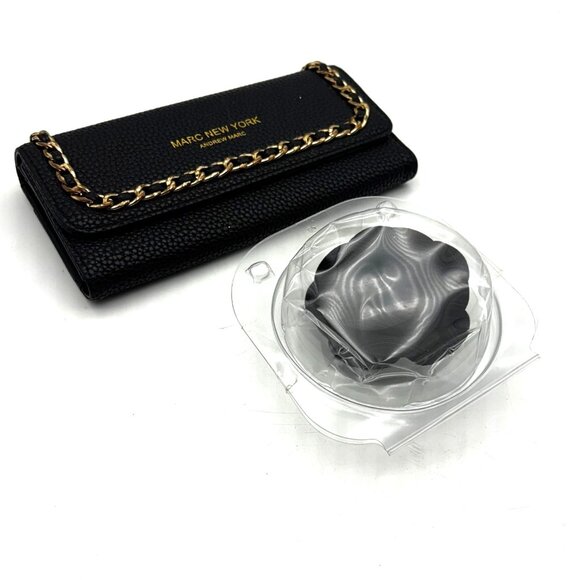 Marc New York Andrew Marc Black Wallet w Gold Chain Detail Black Fabric Flower - Picture 1 of 4